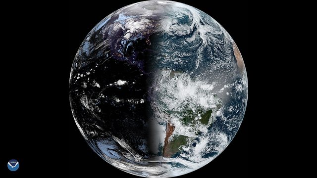 Earth seen from NOAA's GOES-East satellite, half in daylight.